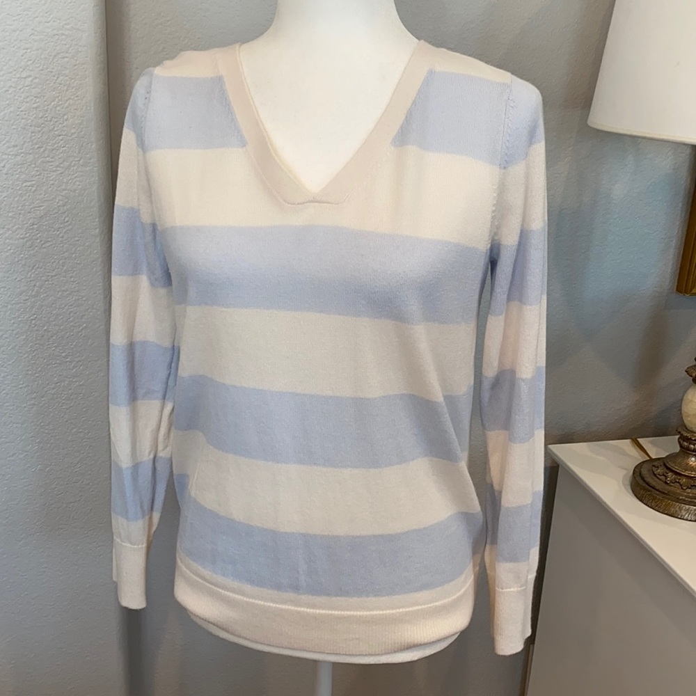 LOFT blue and light cream striped sweater Small
